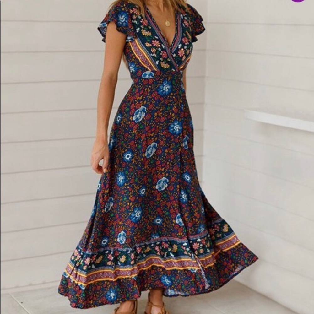 Msquared Navy Bohemian Floral Printed Wrap Dress | Size L, fits like Size S or M
